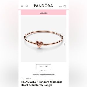 New Rose Gold Pandora Moments Hearts and Butterfly Bangle Bracelet size 7.5